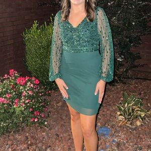 Green short semiformal dress with beading and rhinestone detail